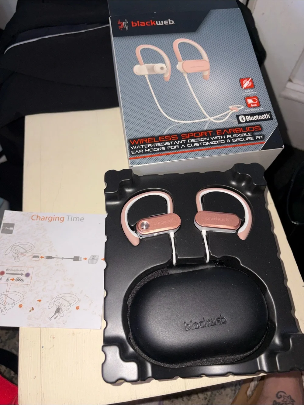 blackweb Wireless Sport Ear-Hook Bluetooth Earbuds in Rose Pink and Black